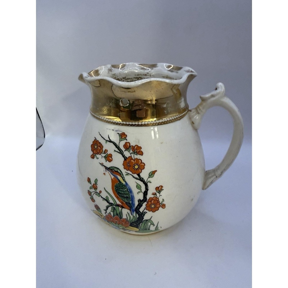 Arthur Wood England Vintage Pitcher with Bird & Flowers – Gold Trim –‎ 7" Tall